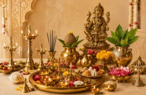 Five-wick brass diya stand lit for aarti on a traditional pooja thali