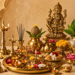 Five-wick brass diya stand lit for aarti on a traditional pooja thali
