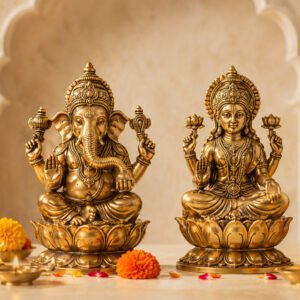 Brass Lakshmi and Ganesh idols seated on lotus bases for a home mandir