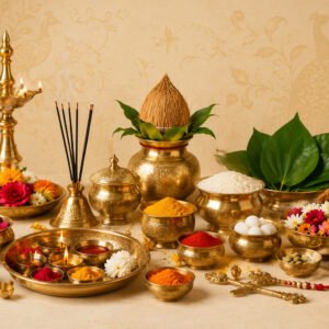 Brass pooja thali accessories including bowls and spoon for kumkum and haldi