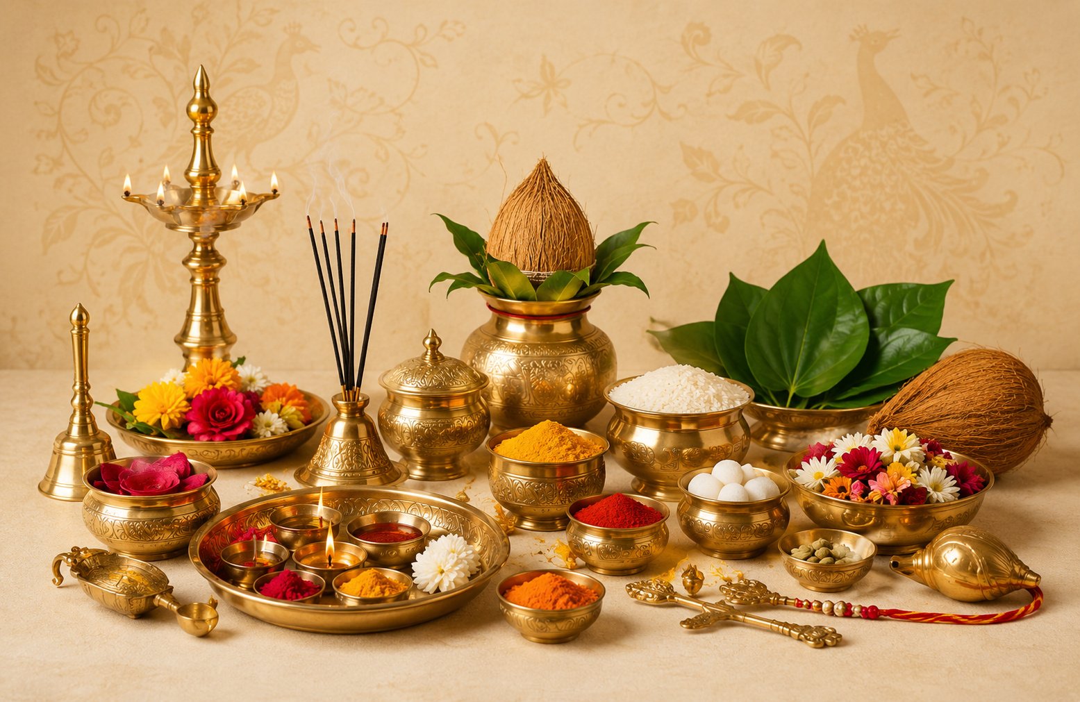 Brass pooja thali accessories including bowls and spoon for kumkum and haldi