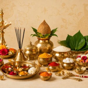 Eleven-piece brass pooja thali set with lamp, bell and ritual bowls